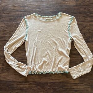 Madewell Tan/Cream Long-Sleeve Ruffled Trim Top with Aqua Edge